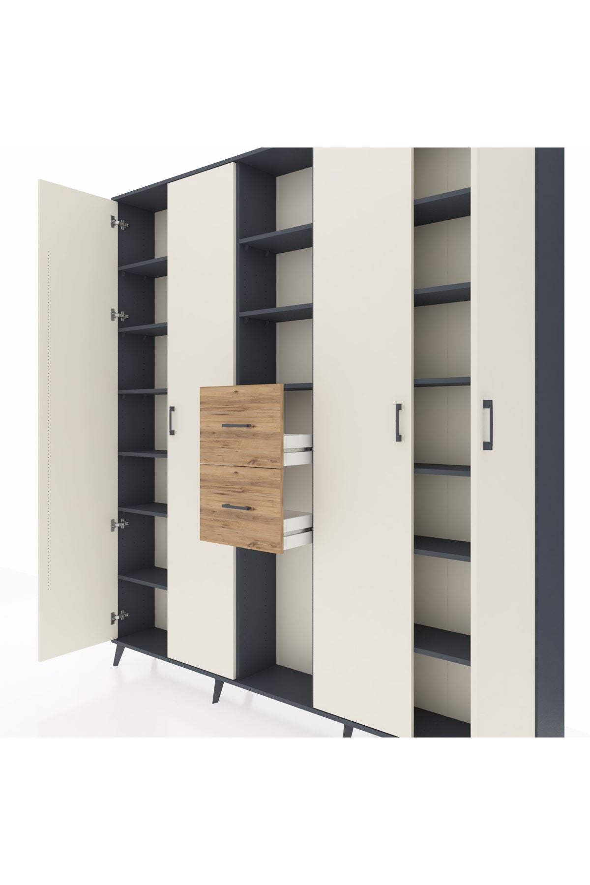 Arges Dolap 15 Raflı 2 Çekmeceli 4 Kapaklı 220x30x243 Antrasit-Aytaşı/Çam