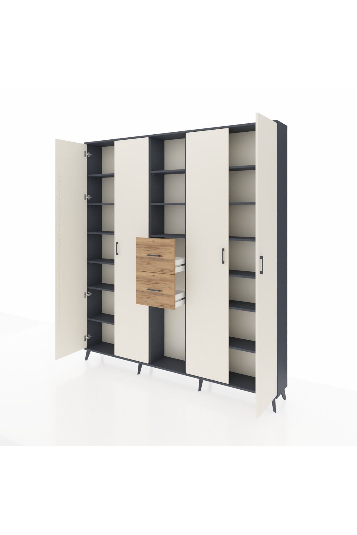 Arges Dolap 15 Raflı 2 Çekmeceli 4 Kapaklı 220x30x243 Antrasit-Aytaşı/Çam