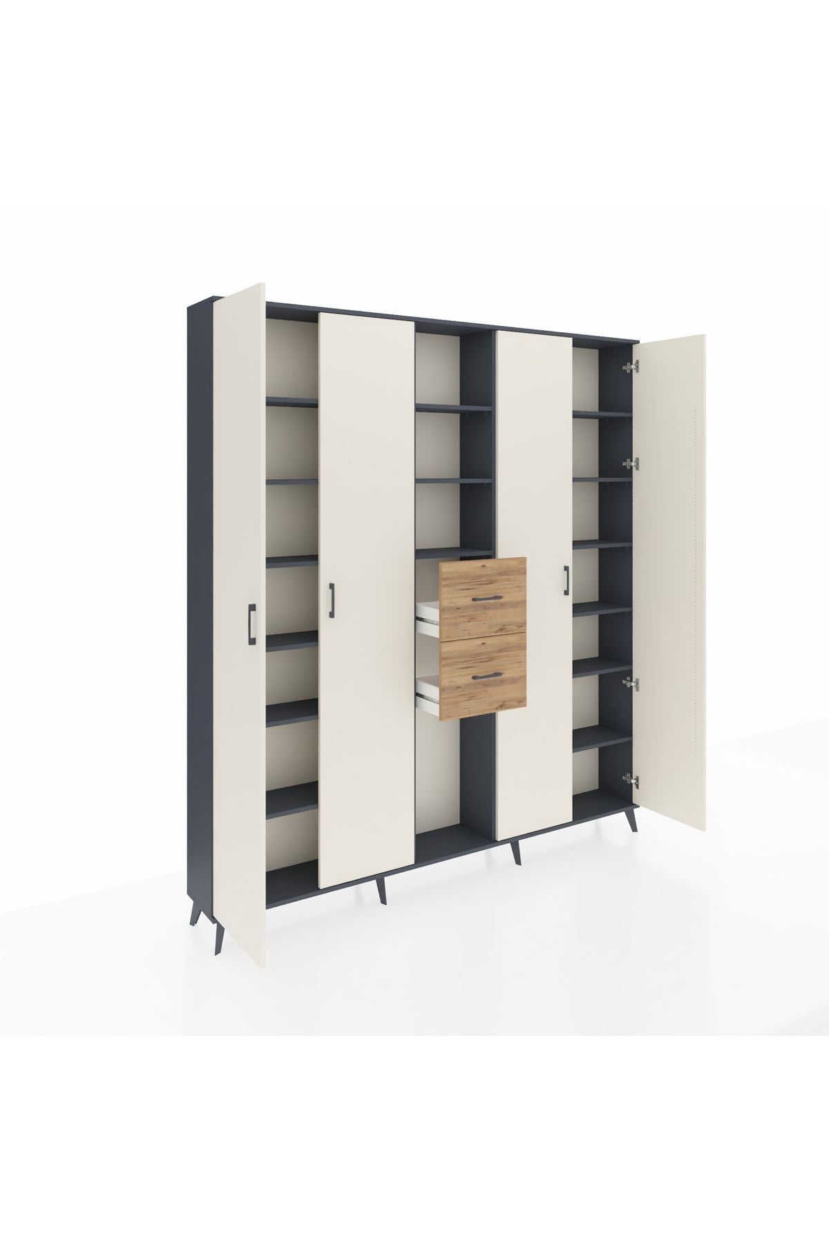 Arges Dolap 15 Raflı 2 Çekmeceli 4 Kapaklı 220x30x243 Antrasit-Aytaşı/Çam