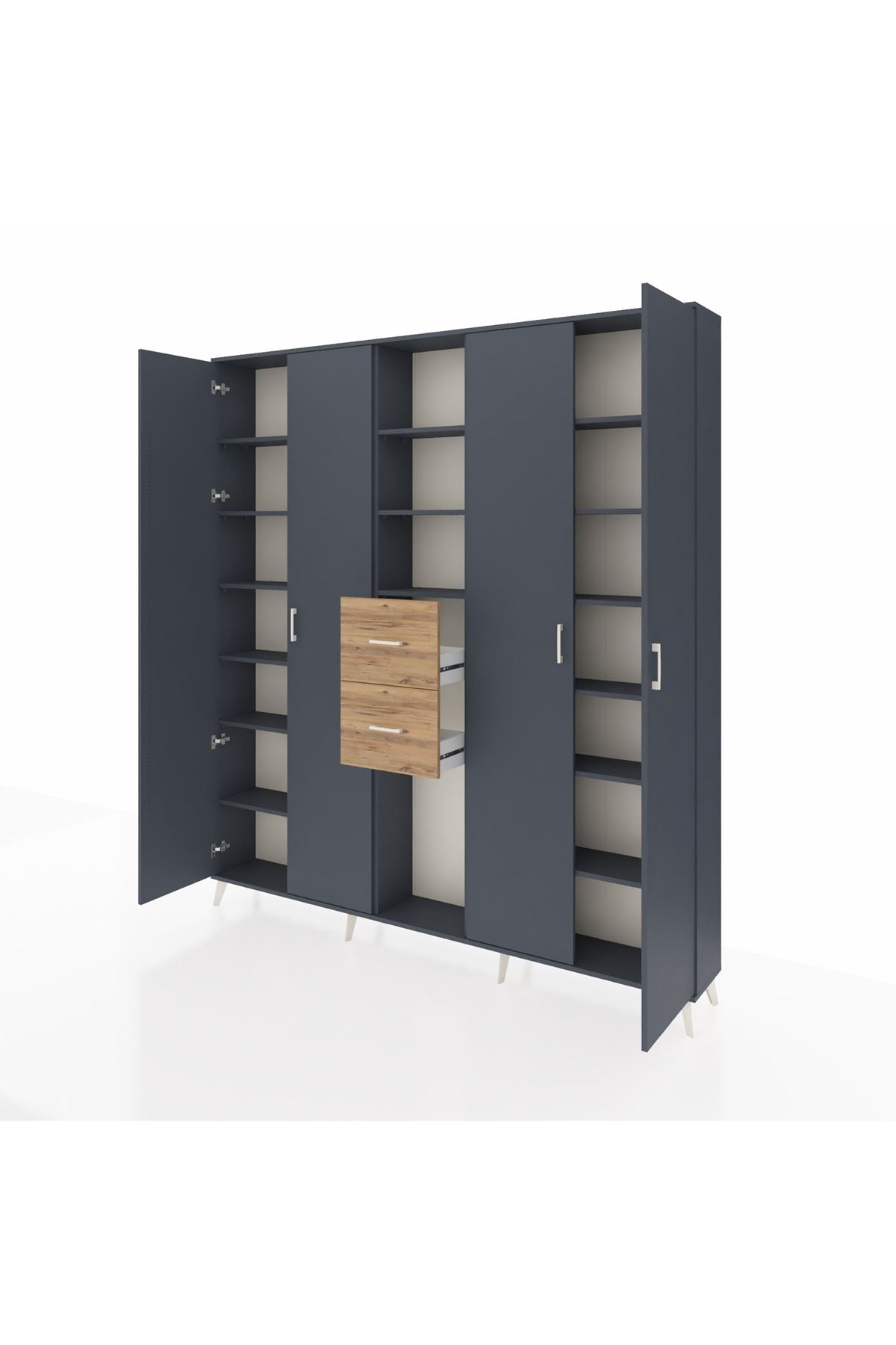 Arges Dolap 15 Raflı 2 Çekmeceli 4 Kapaklı 220x30x243 Antrasit-Antrasit/Çam