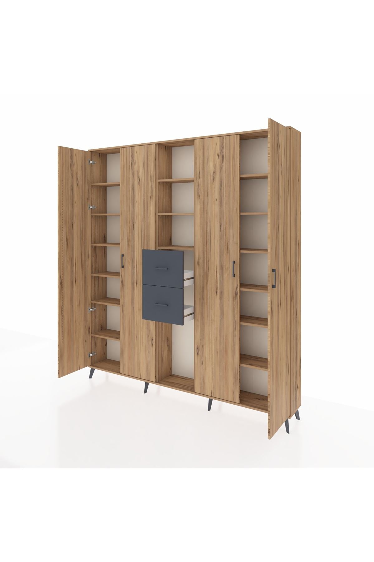 Arges Dolap 15 Raflı 2 Çekmeceli 4 Kapaklı 220x30x243 Çam-Çam/Antrasit