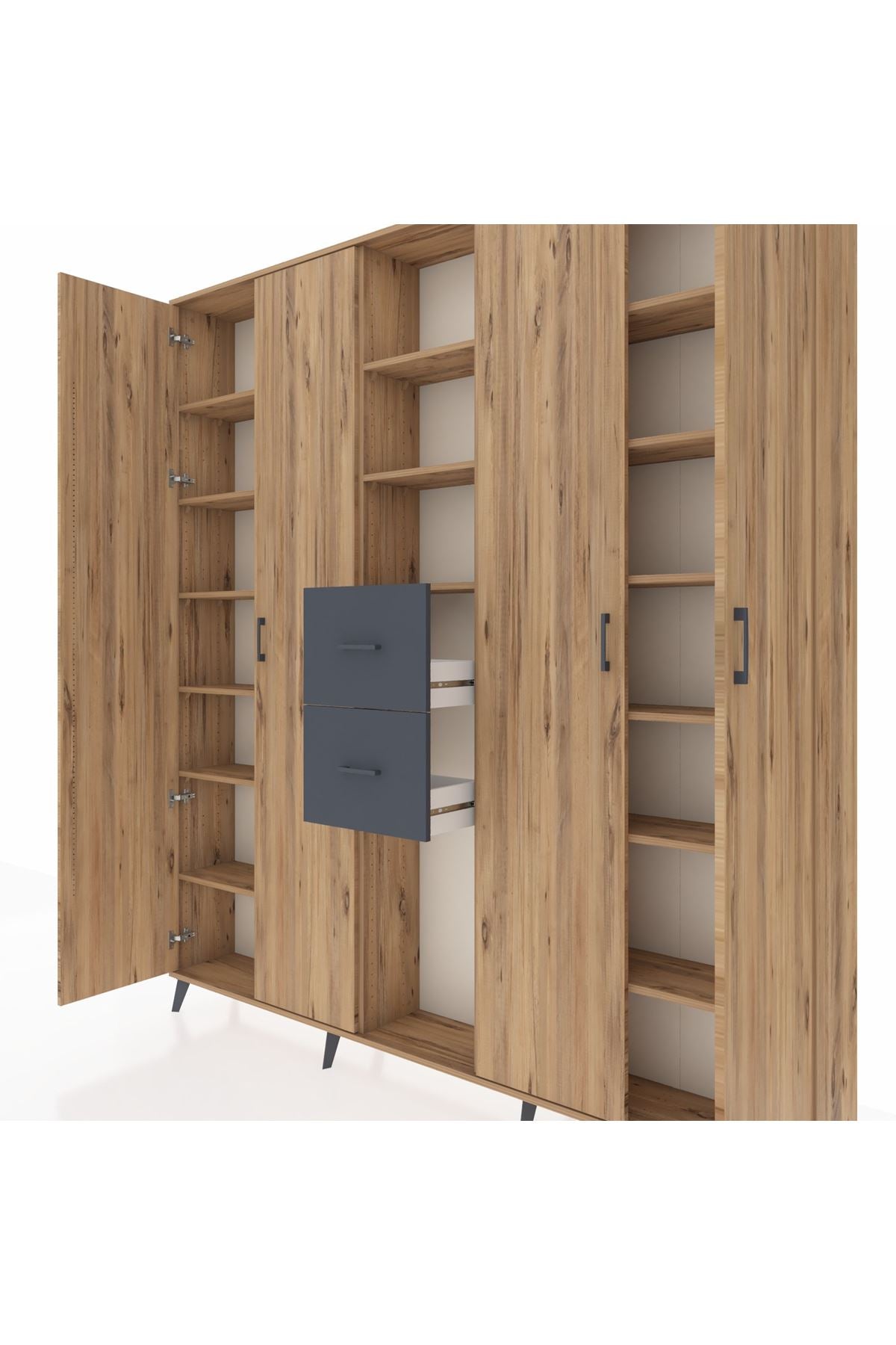 Arges Dolap 15 Raflı 2 Çekmeceli 4 Kapaklı 220x30x243 Çam-Çam/Antrasit