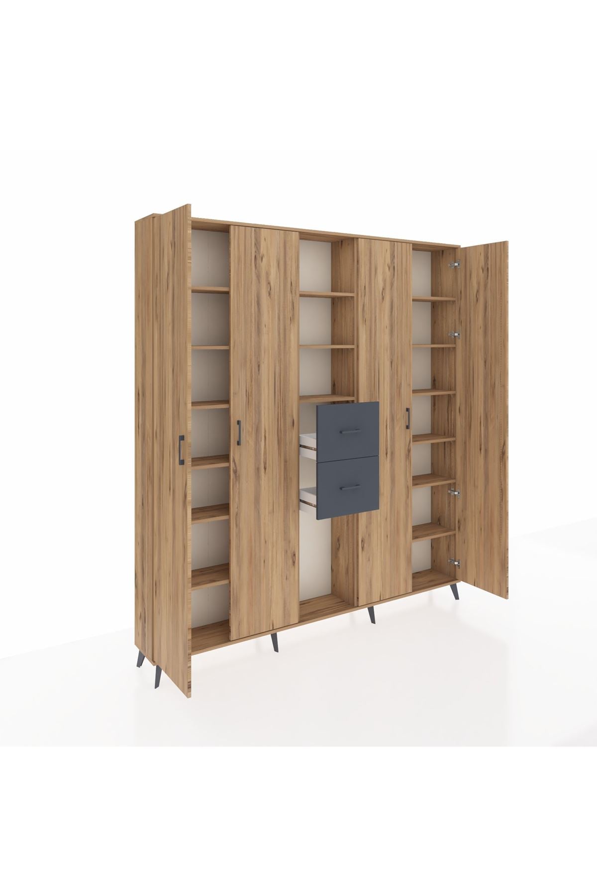 Arges Dolap 15 Raflı 2 Çekmeceli 4 Kapaklı 220x30x243 Çam-Çam/Antrasit