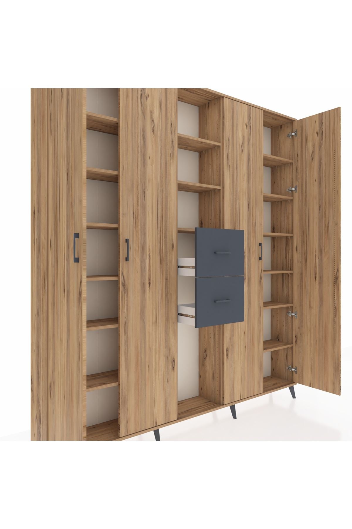 Arges Dolap 15 Raflı 2 Çekmeceli 4 Kapaklı 220x30x243 Çam-Çam/Antrasit