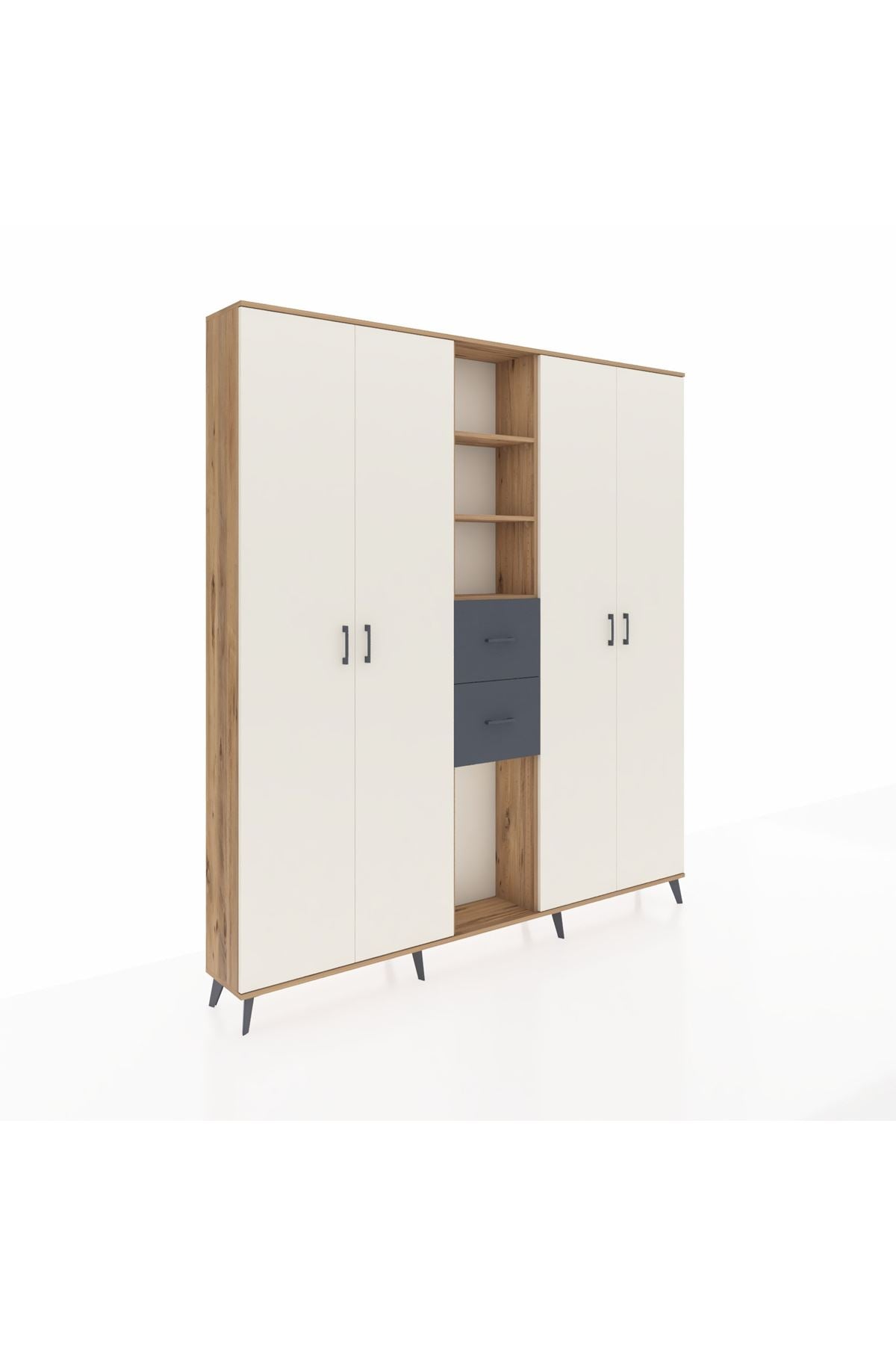 Arges Dolap 15 Raflı 2 Çekmeceli 4 Kapaklı 220x30x243 Çam-Aytaşı/Antrasit