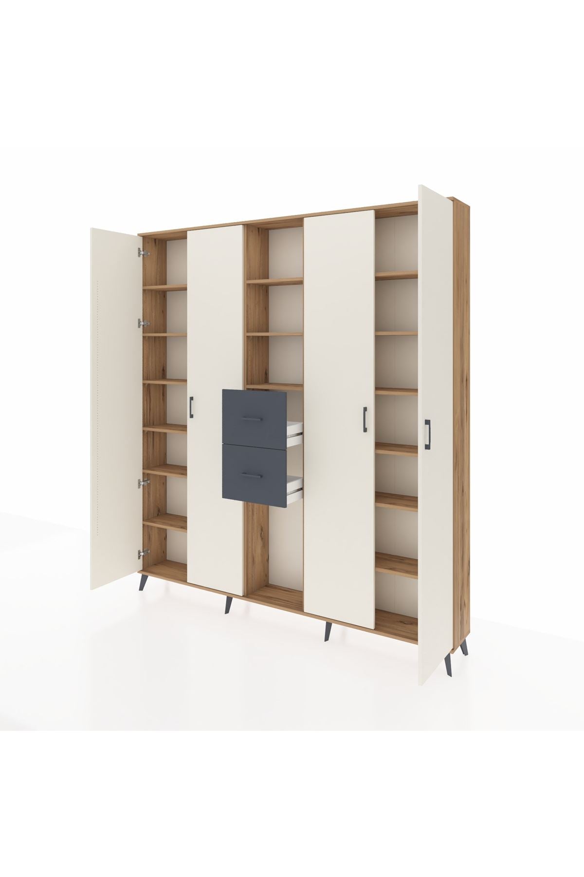 Arges Dolap 15 Raflı 2 Çekmeceli 4 Kapaklı 220x30x243 Çam-Aytaşı/Antrasit