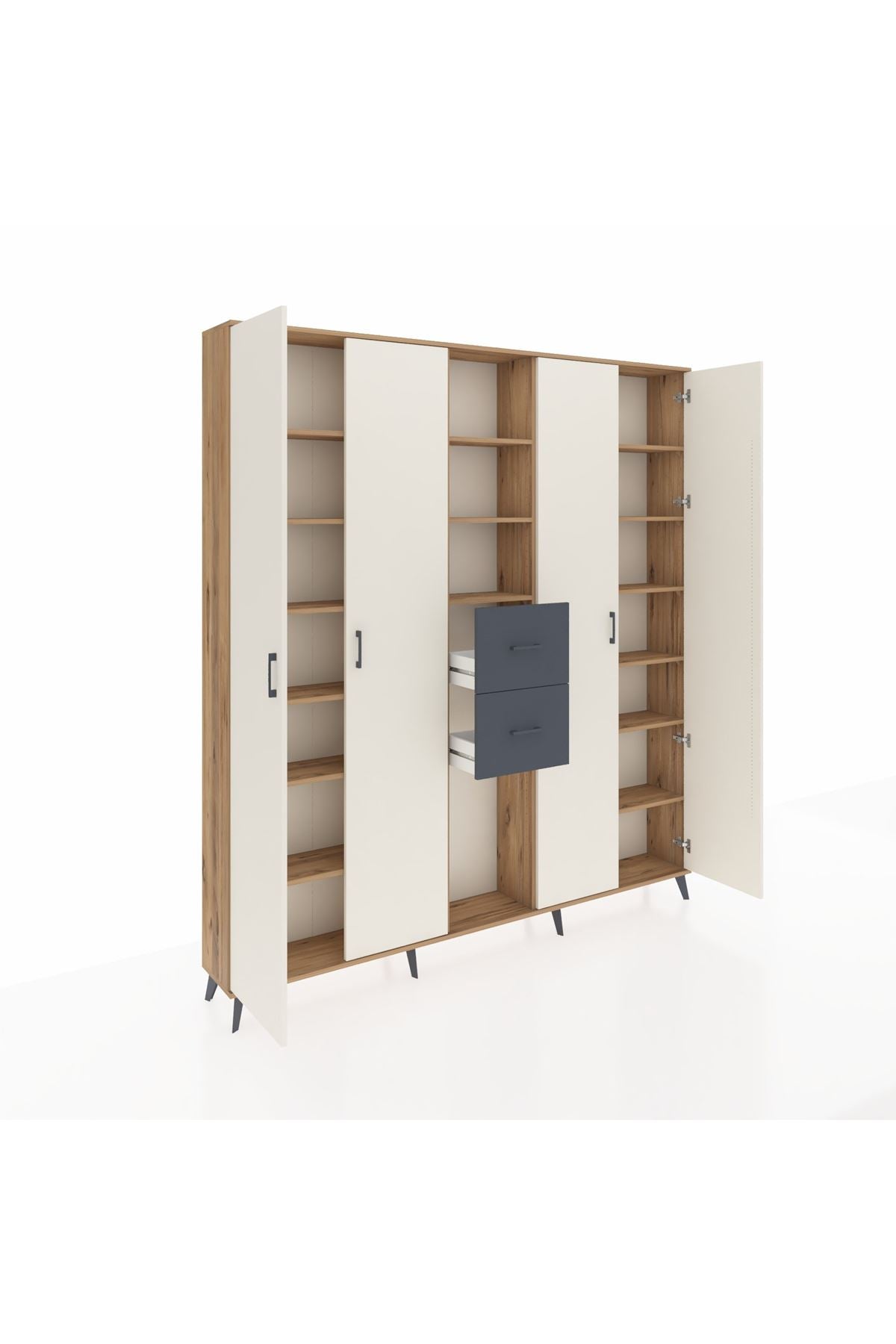 Arges Dolap 15 Raflı 2 Çekmeceli 4 Kapaklı 220x30x243 Çam-Aytaşı/Antrasit