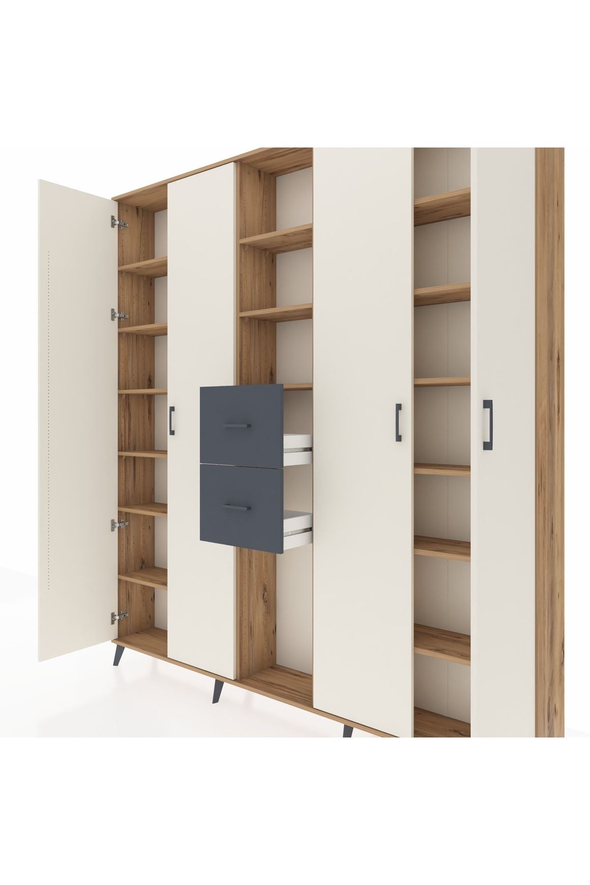 Arges Dolap 15 Raflı 2 Çekmeceli 4 Kapaklı 220x30x243 Çam-Aytaşı/Antrasit