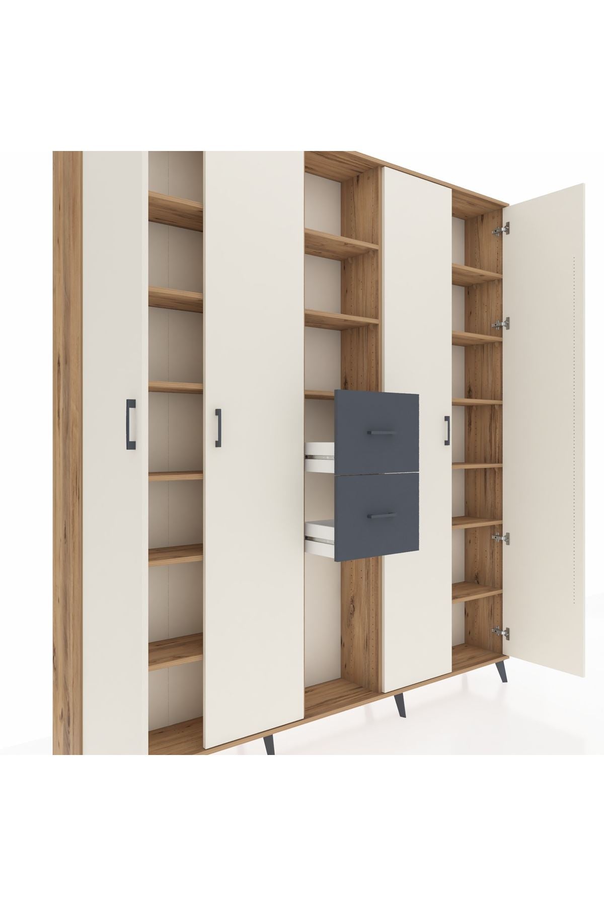 Arges Dolap 15 Raflı 2 Çekmeceli 4 Kapaklı 220x30x243 Çam-Aytaşı/Antrasit