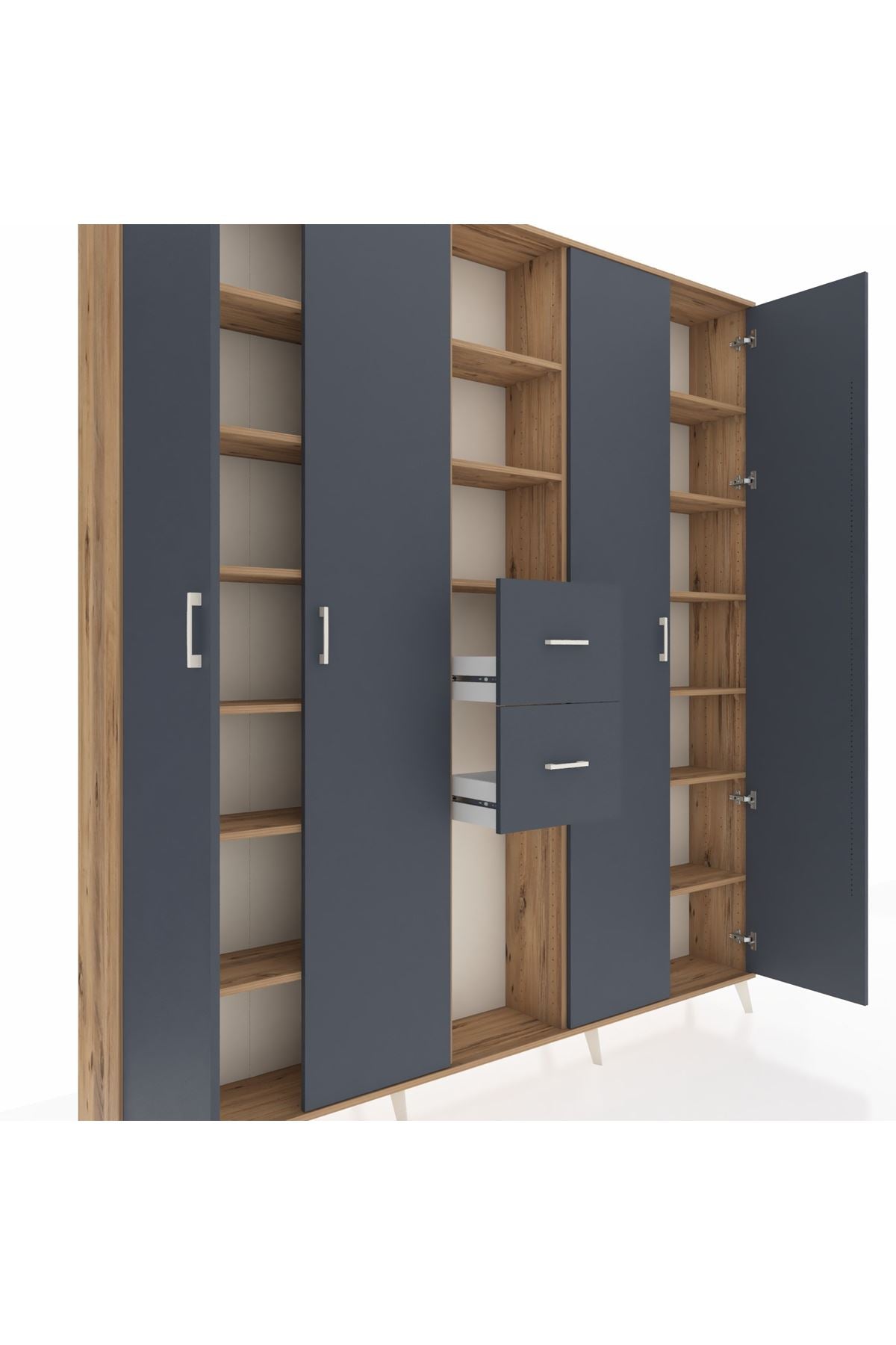 Arges Gardrop 15 Raflı 2 Çekmeceli 4 Kapaklı 220x30x243 Çam-Antrasit