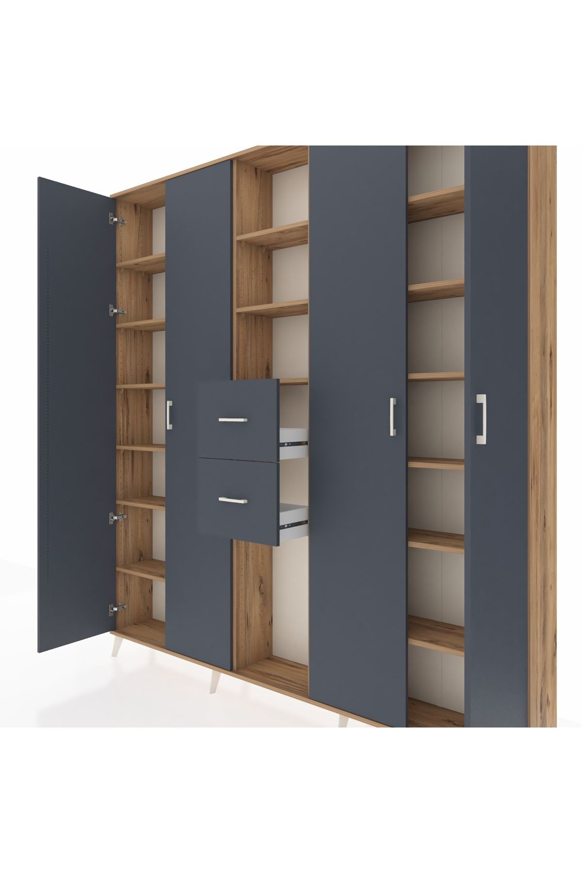 Arges Gardrop 15 Raflı 2 Çekmeceli 4 Kapaklı 220x30x243 Çam-Antrasit