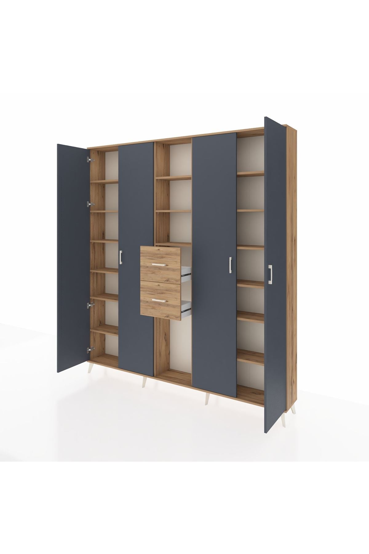 Arges Dolap 15 Raflı 2 Çekmeceli 4 Kapaklı 220x30x243 Çam-Antrasit/Çam