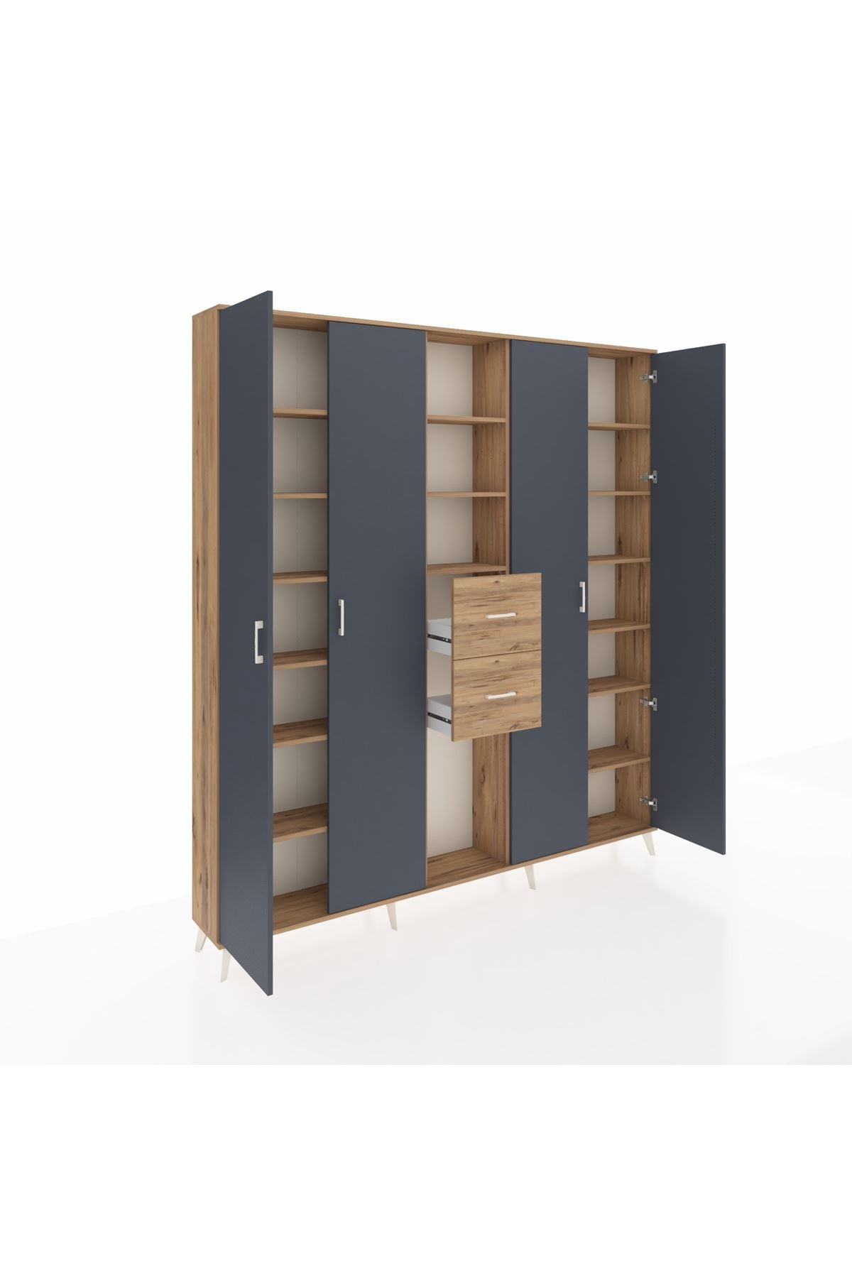 Arges Dolap 15 Raflı 2 Çekmeceli 4 Kapaklı 220x30x243 Çam-Antrasit/Çam