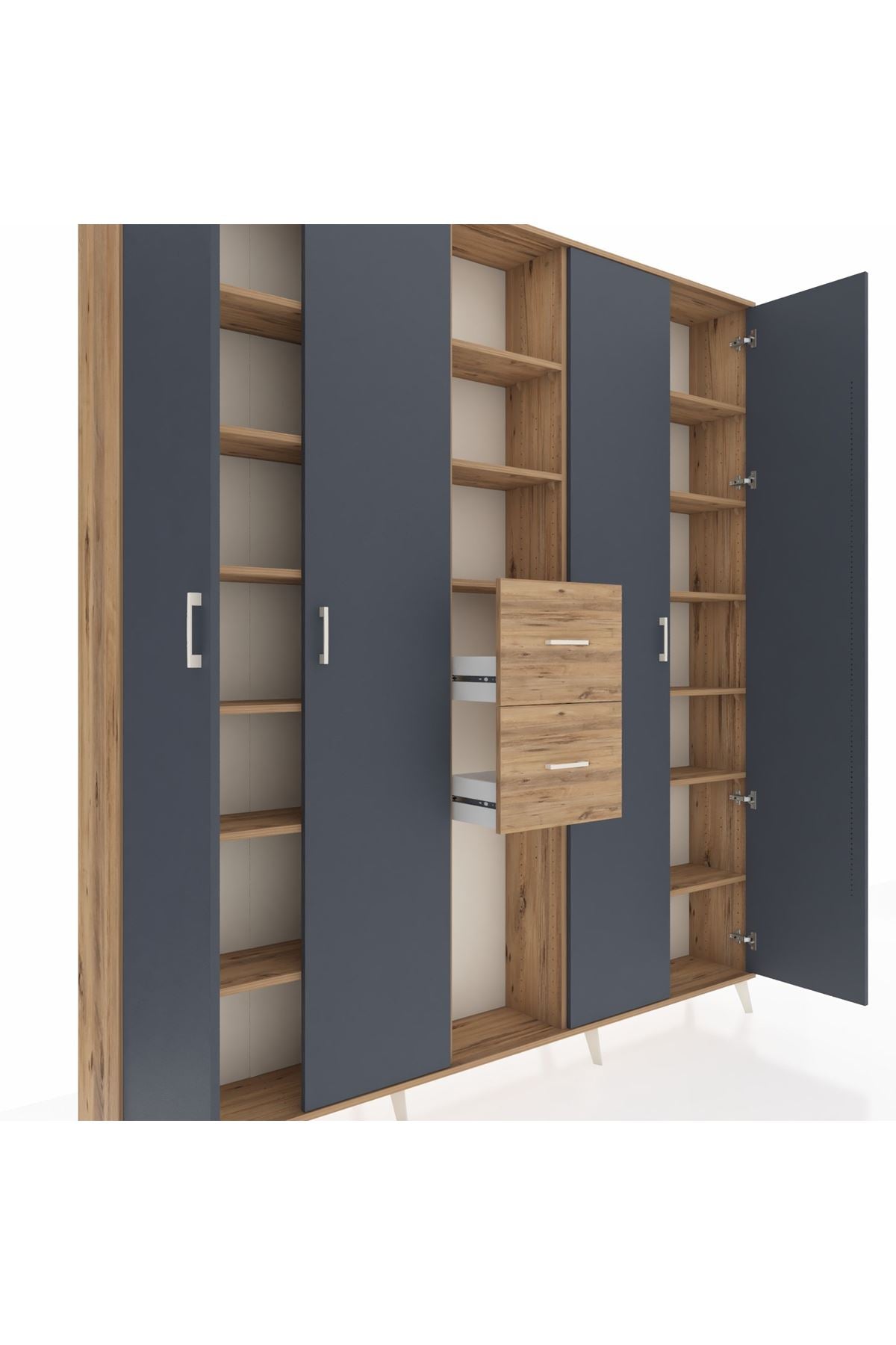 Arges Dolap 15 Raflı 2 Çekmeceli 4 Kapaklı 220x30x243 Çam-Antrasit/Çam