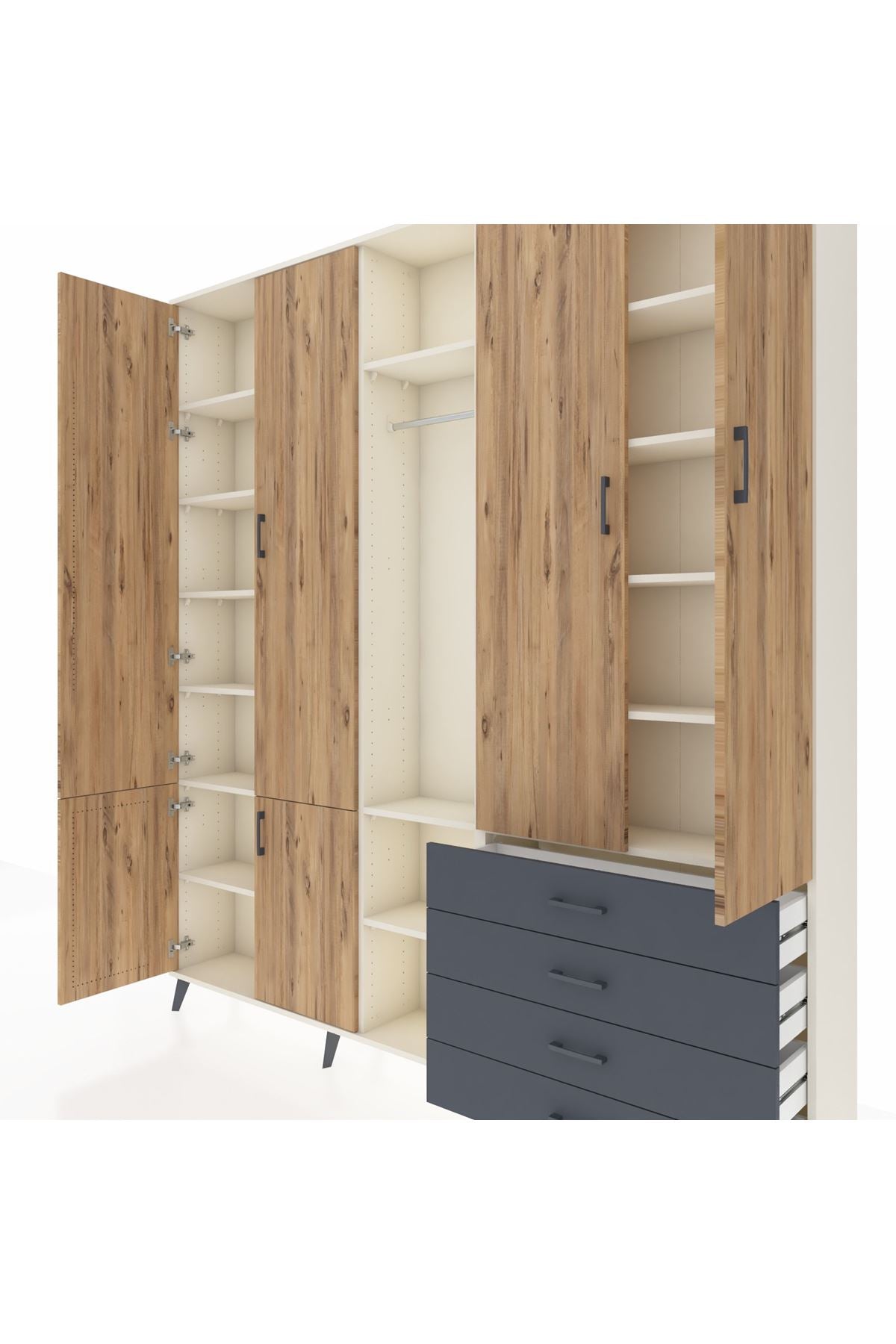 Arges Dolap 14 Raflı 4 Çekmeceli Tek Askılı 220x30x243 Aytaşı-Çam/Antrasit