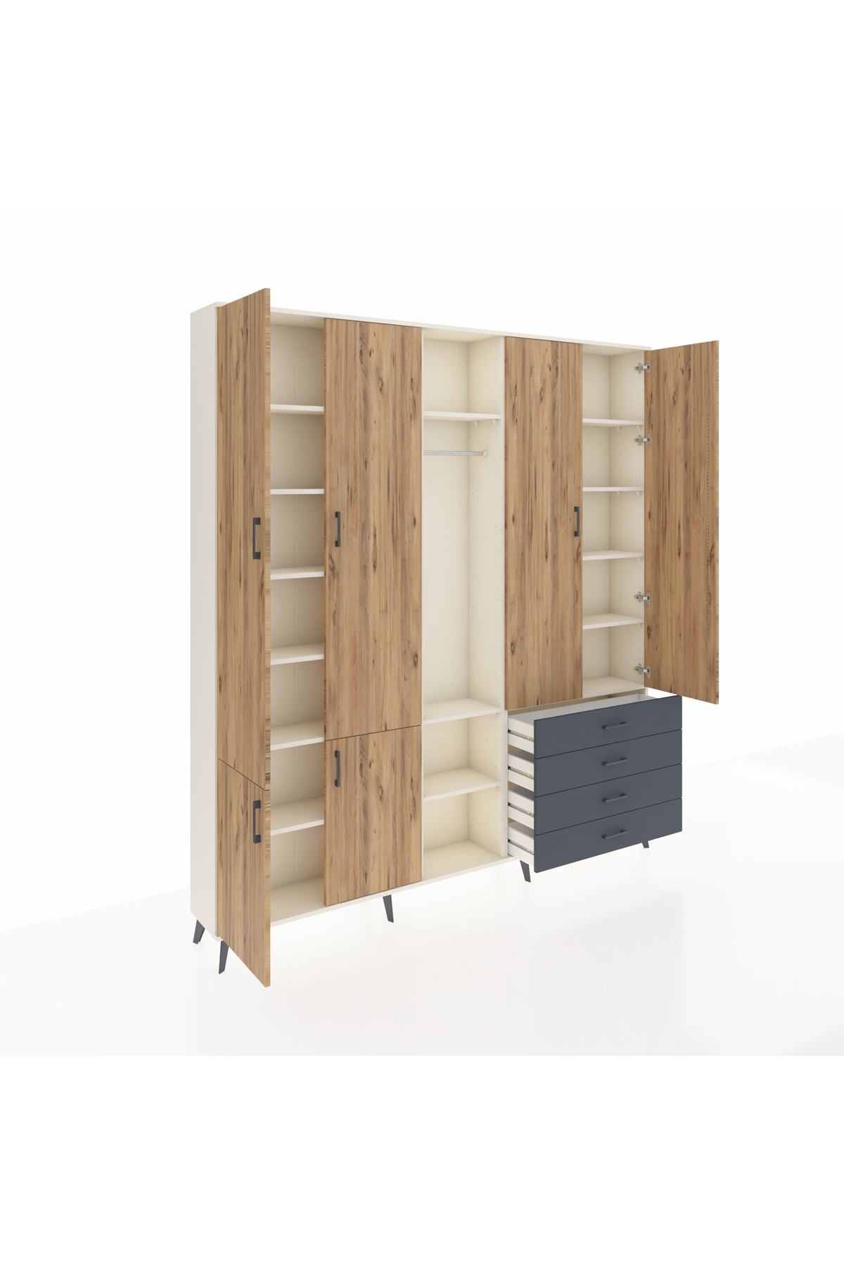 Arges Dolap 14 Raflı 4 Çekmeceli Tek Askılı 220x30x243 Aytaşı-Çam/Antrasit