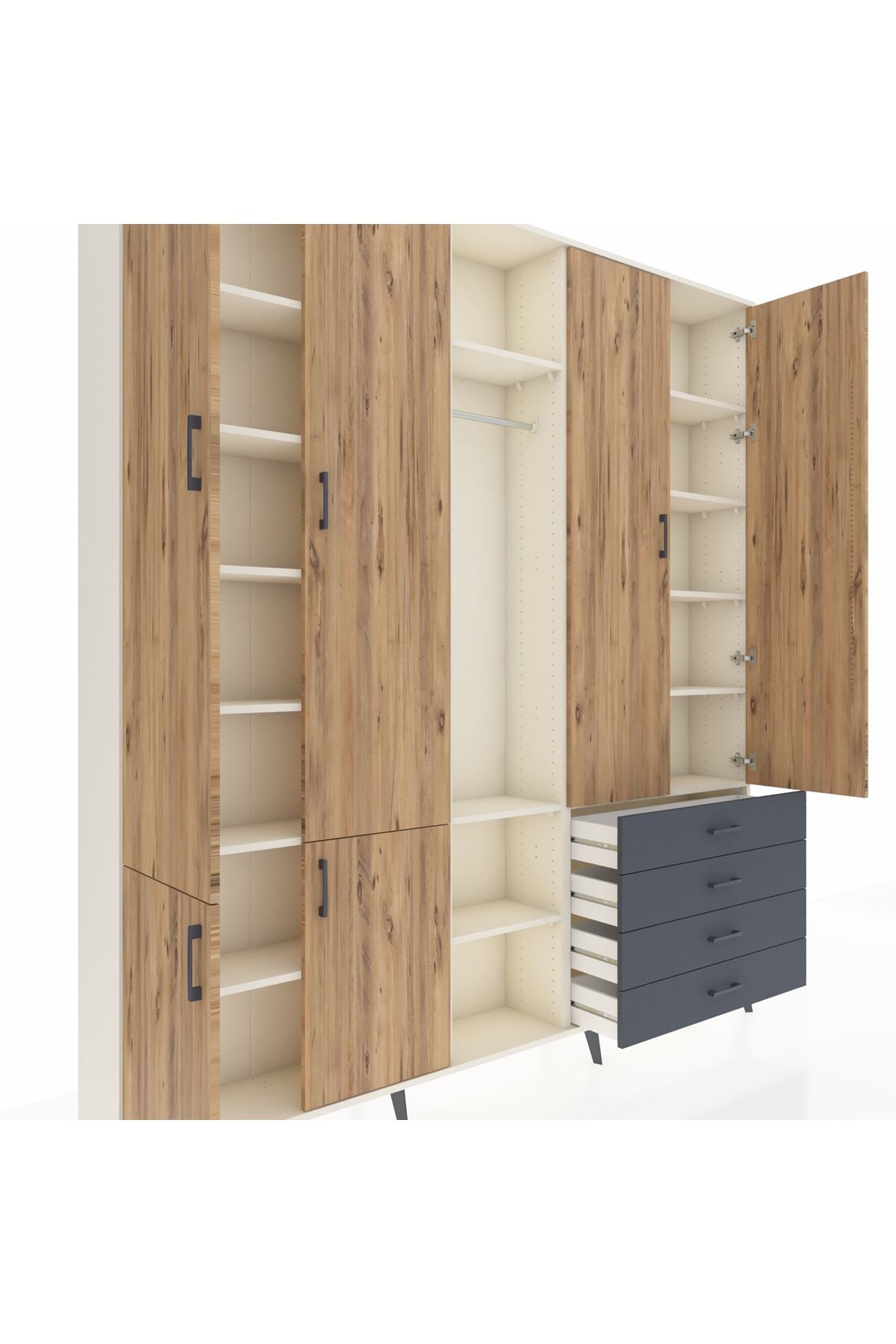 Arges Dolap 14 Raflı 4 Çekmeceli Tek Askılı 220x30x243 Aytaşı-Çam/Antrasit