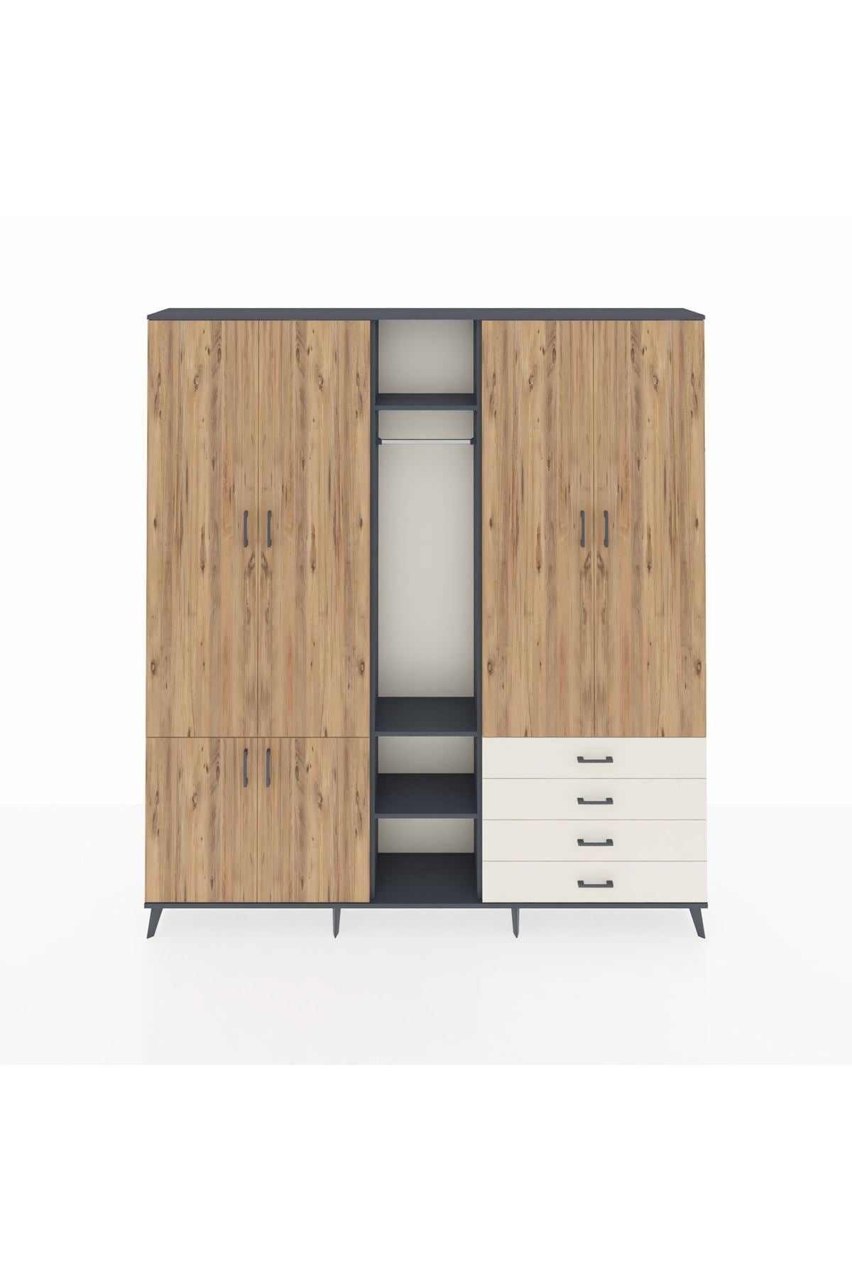 Arges Dolap 14 Raflı 4 Çekmeceli Tek Askılı 220x30x243 Antrasit-Çam/Aytaşı