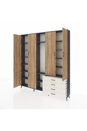 Arges Dolap 14 Raflı 4 Çekmeceli Tek Askılı 220x30x243 Antrasit-Çam/Aytaşı