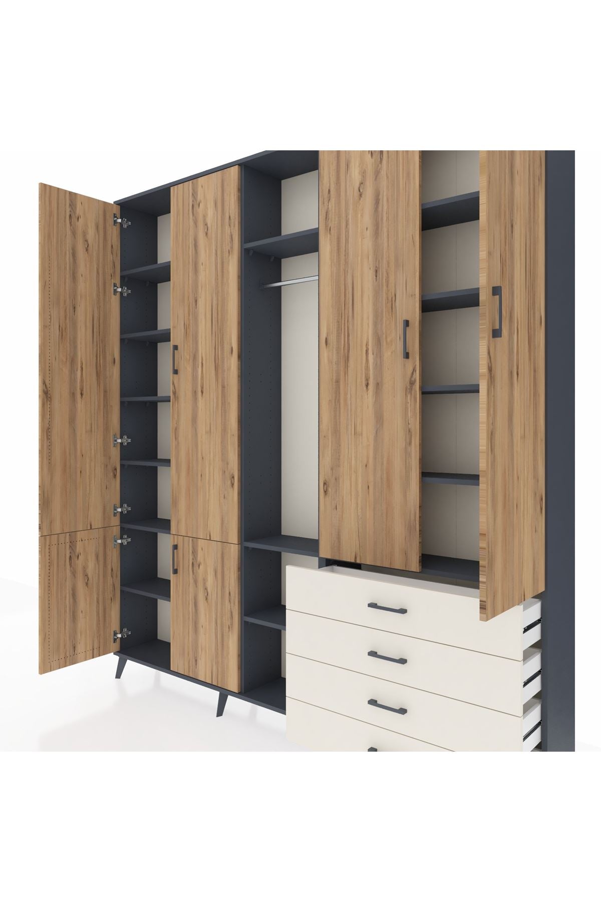 Arges Dolap 14 Raflı 4 Çekmeceli Tek Askılı 220x30x243 Antrasit-Çam/Aytaşı