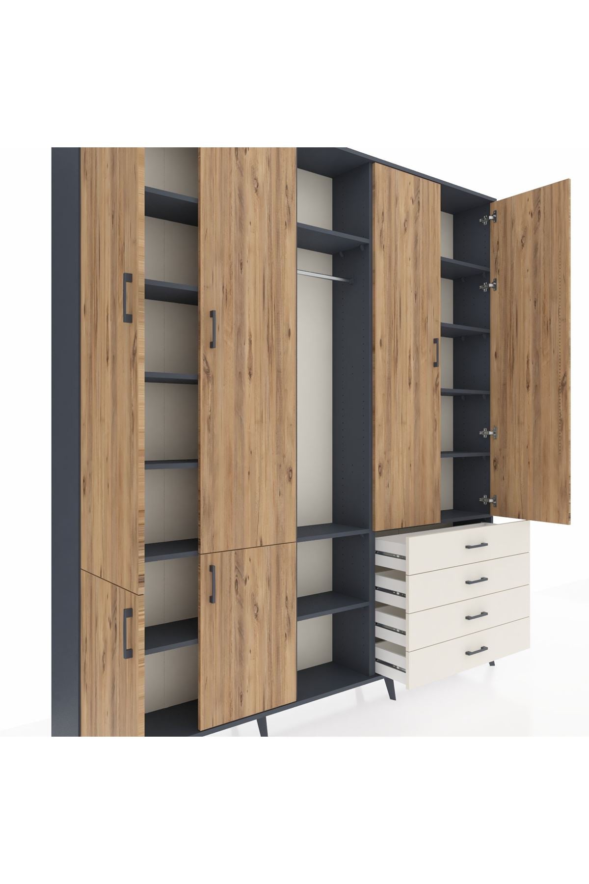 Arges Dolap 14 Raflı 4 Çekmeceli Tek Askılı 220x30x243 Antrasit-Çam/Aytaşı