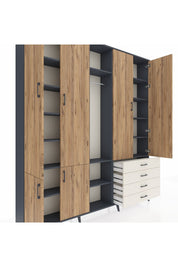 Arges Dolap 14 Raflı 4 Çekmeceli Tek Askılı 220x30x243 Antrasit-Çam/Aytaşı