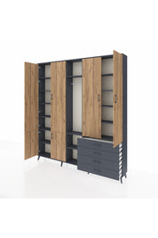 Arges Dolap 14 Raflı 4 Çekmeceli Tek Askılı 220x30x243 Antrasit-Çam/Antrasit