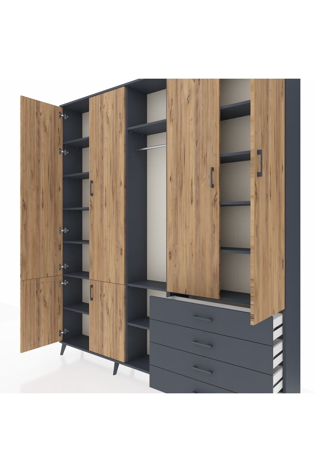 Arges Dolap 14 Raflı 4 Çekmeceli Tek Askılı 220x30x243 Antrasit-Çam/Antrasit