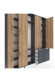 Arges Dolap 14 Raflı 4 Çekmeceli Tek Askılı 220x30x243 Antrasit-Çam/Antrasit