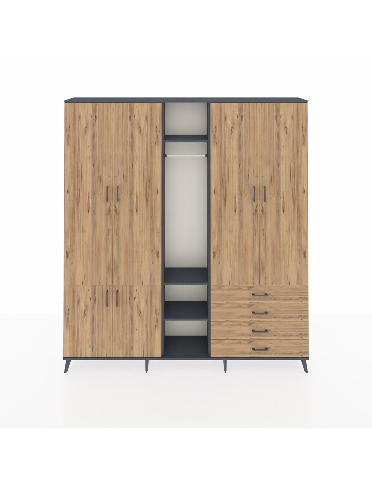 Arges Gardrop 14 Raflı 4 Çekmeceli Tek Askılı 220x30x243 Antrasit-Çam