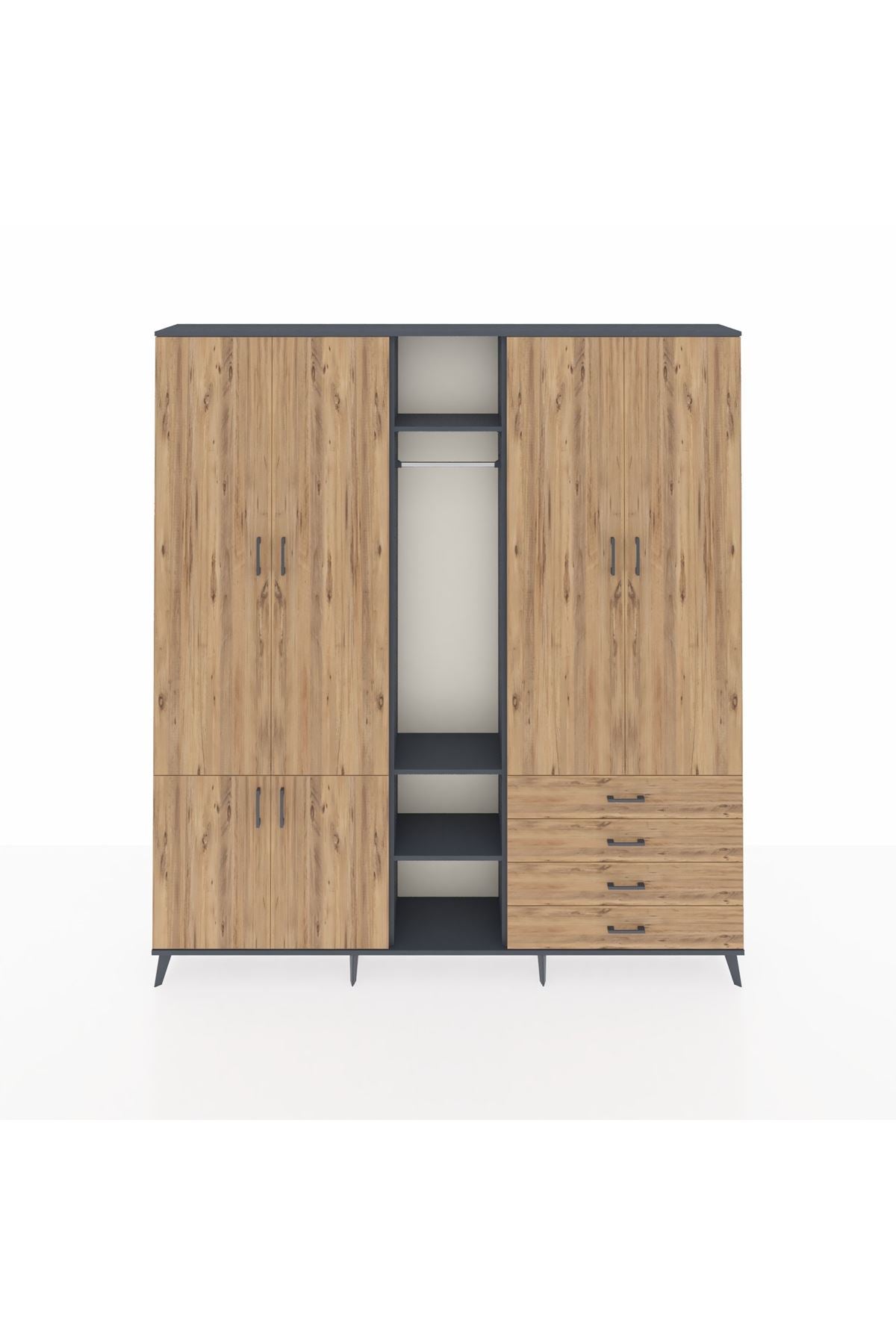 Arges Gardrop 14 Raflı 4 Çekmeceli Tek Askılı 220x30x243 Antrasit-Çam