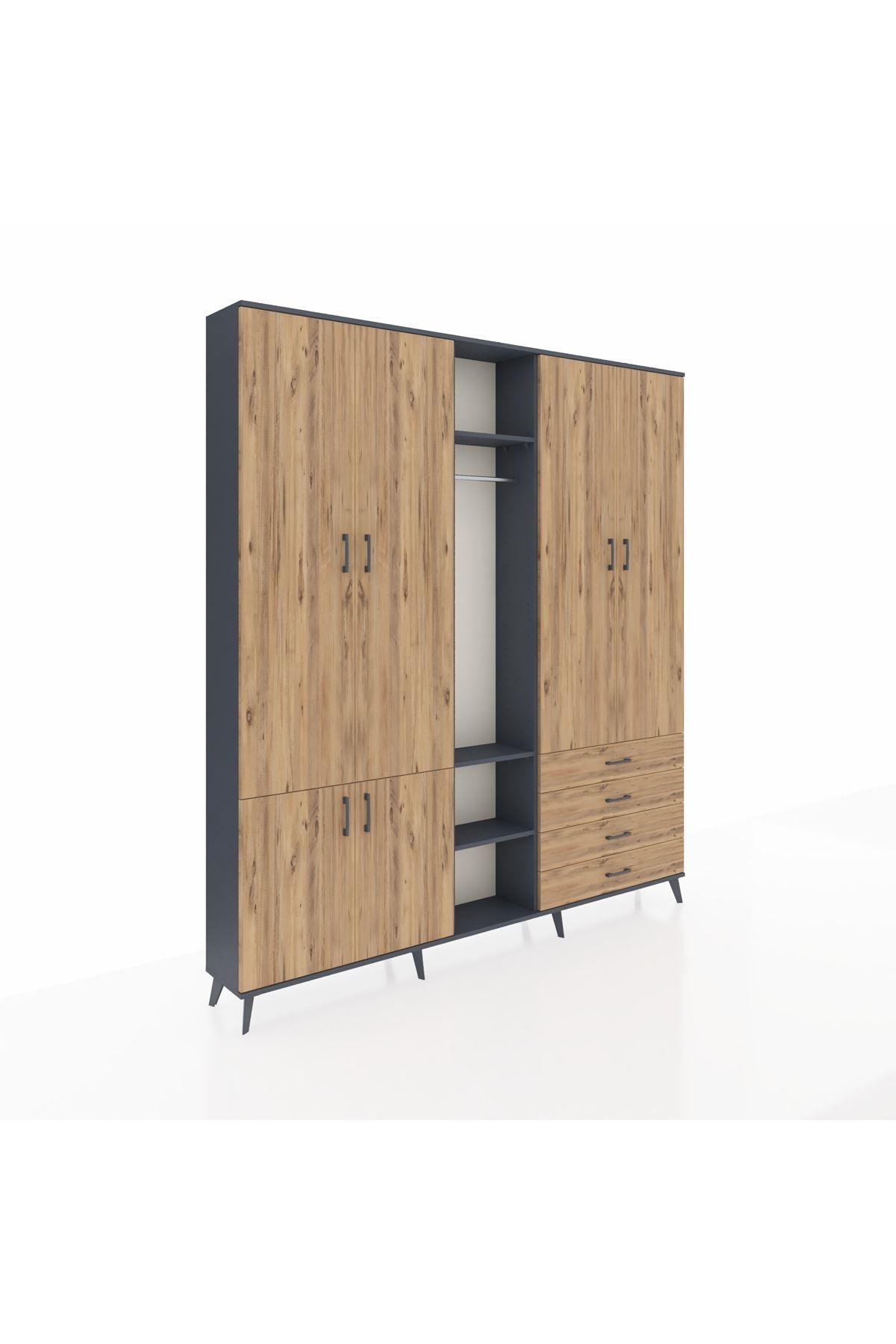 Arges Gardrop 14 Raflı 4 Çekmeceli Tek Askılı 220x30x243 Antrasit-Çam