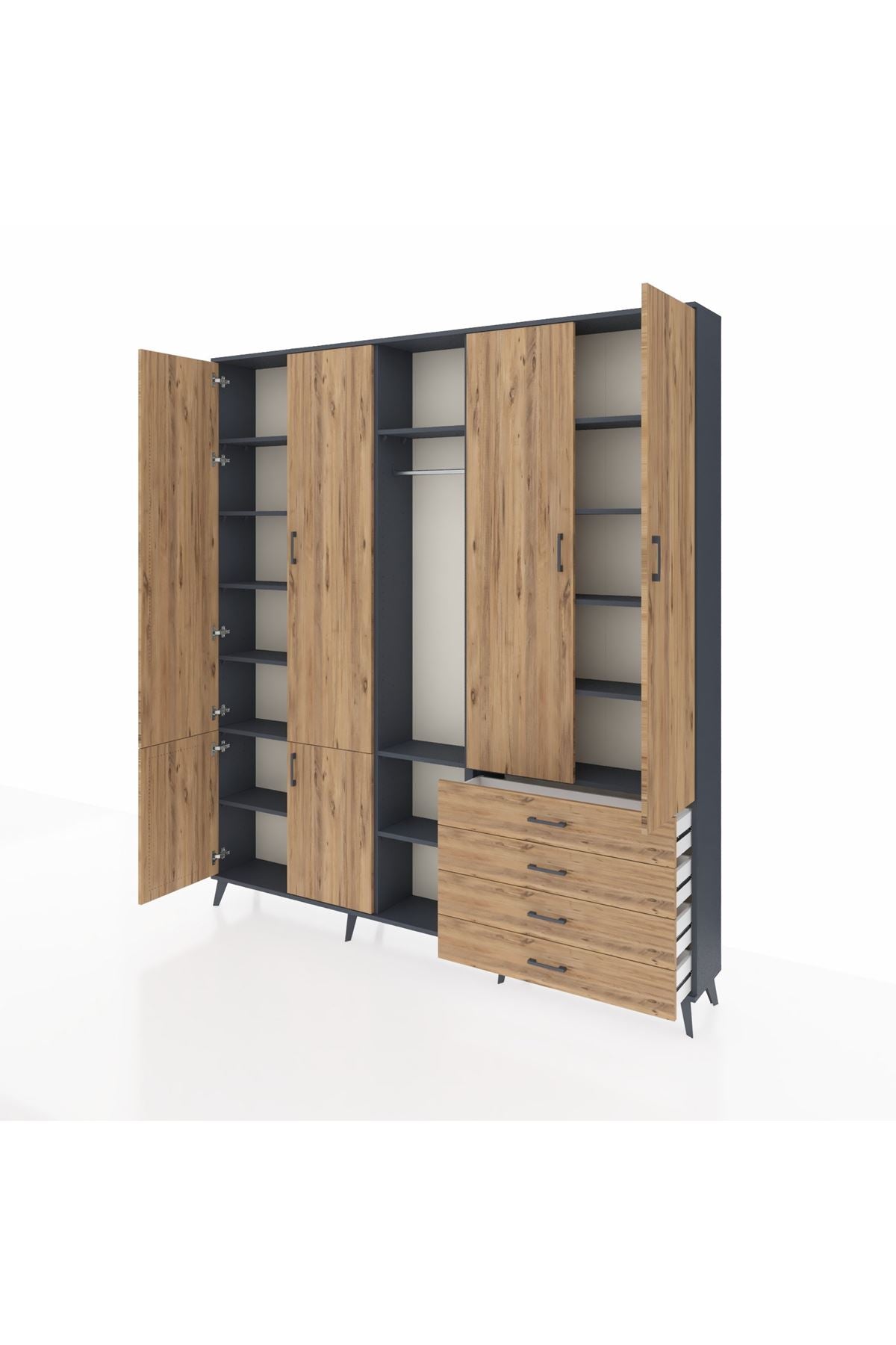 Arges Gardrop 14 Raflı 4 Çekmeceli Tek Askılı 220x30x243 Antrasit-Çam