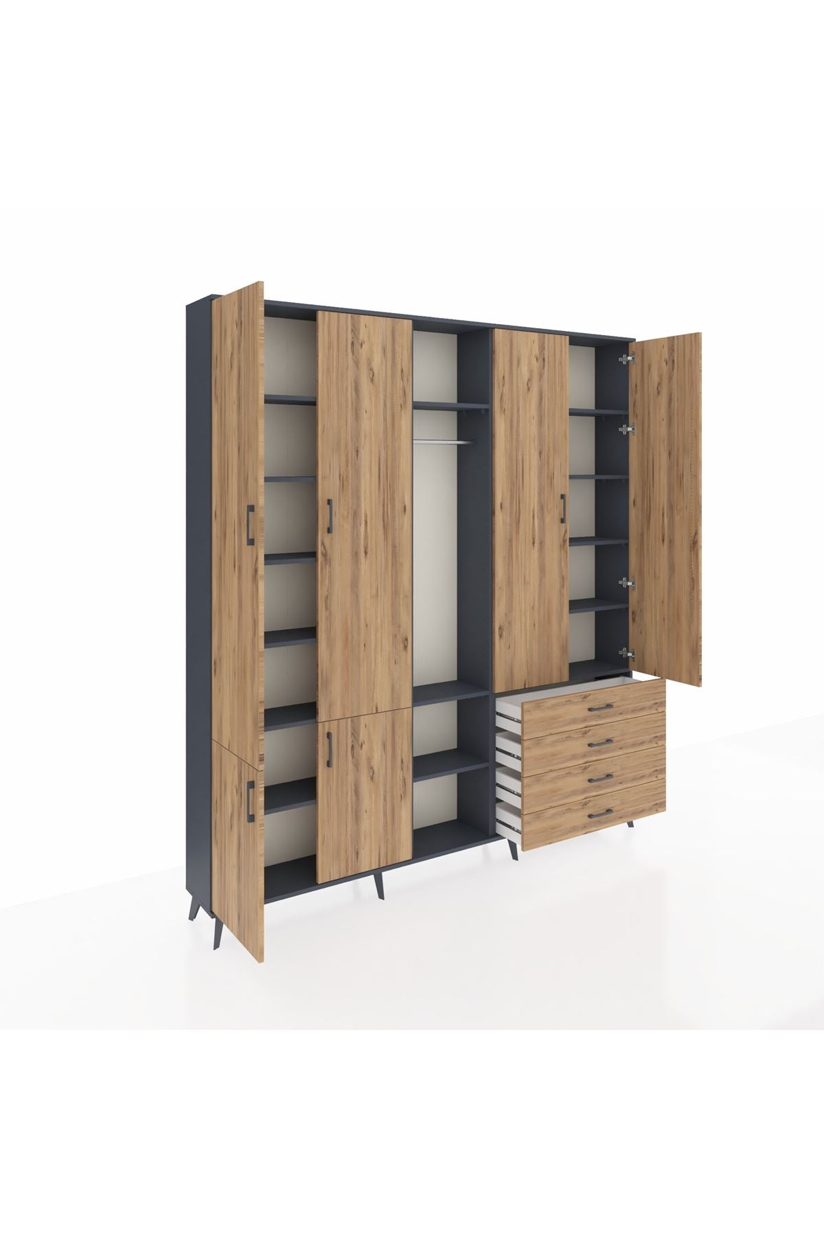 Arges Gardrop 14 Raflı 4 Çekmeceli Tek Askılı 220x30x243 Antrasit-Çam