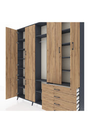 Arges Gardrop 14 Raflı 4 Çekmeceli Tek Askılı 220x30x243 Antrasit-Çam