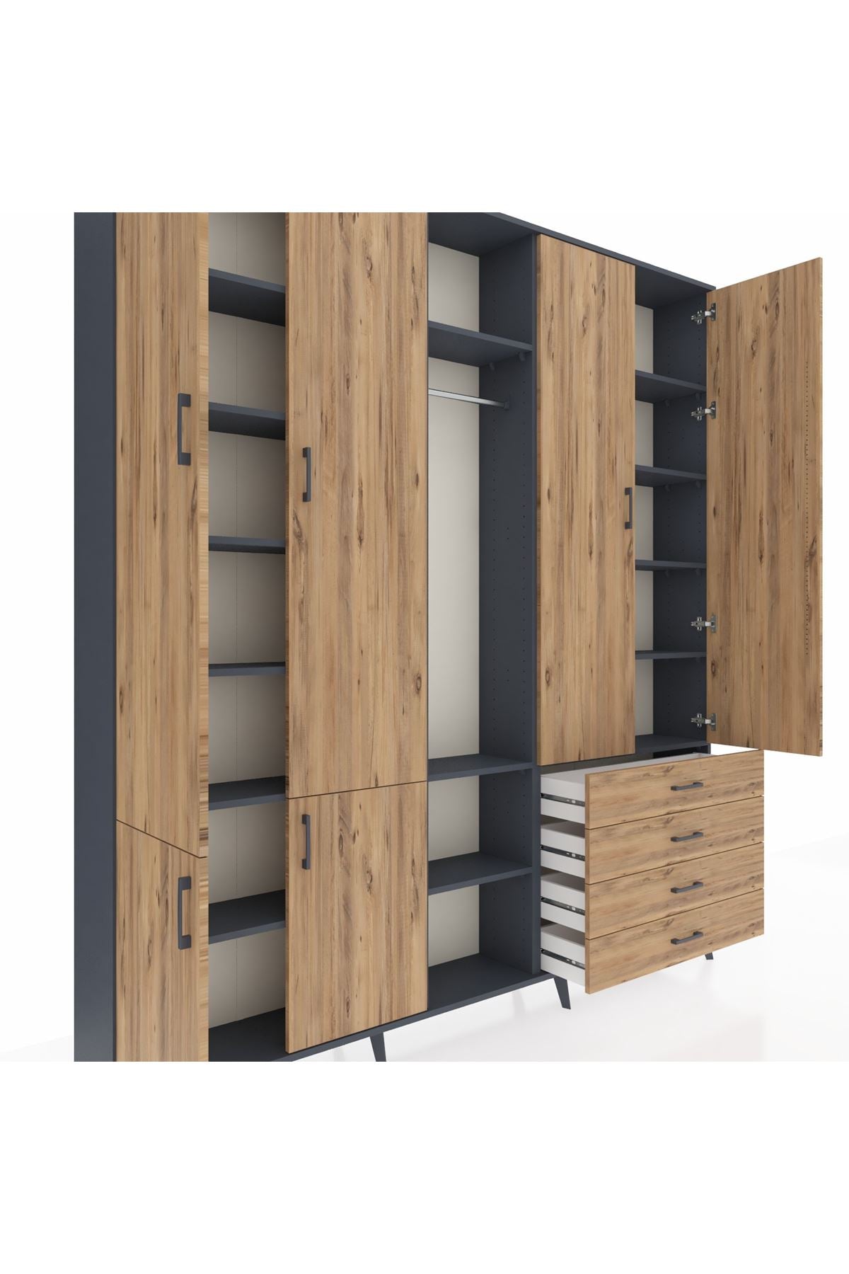 Arges Gardrop 14 Raflı 4 Çekmeceli Tek Askılı 220x30x243 Antrasit-Çam