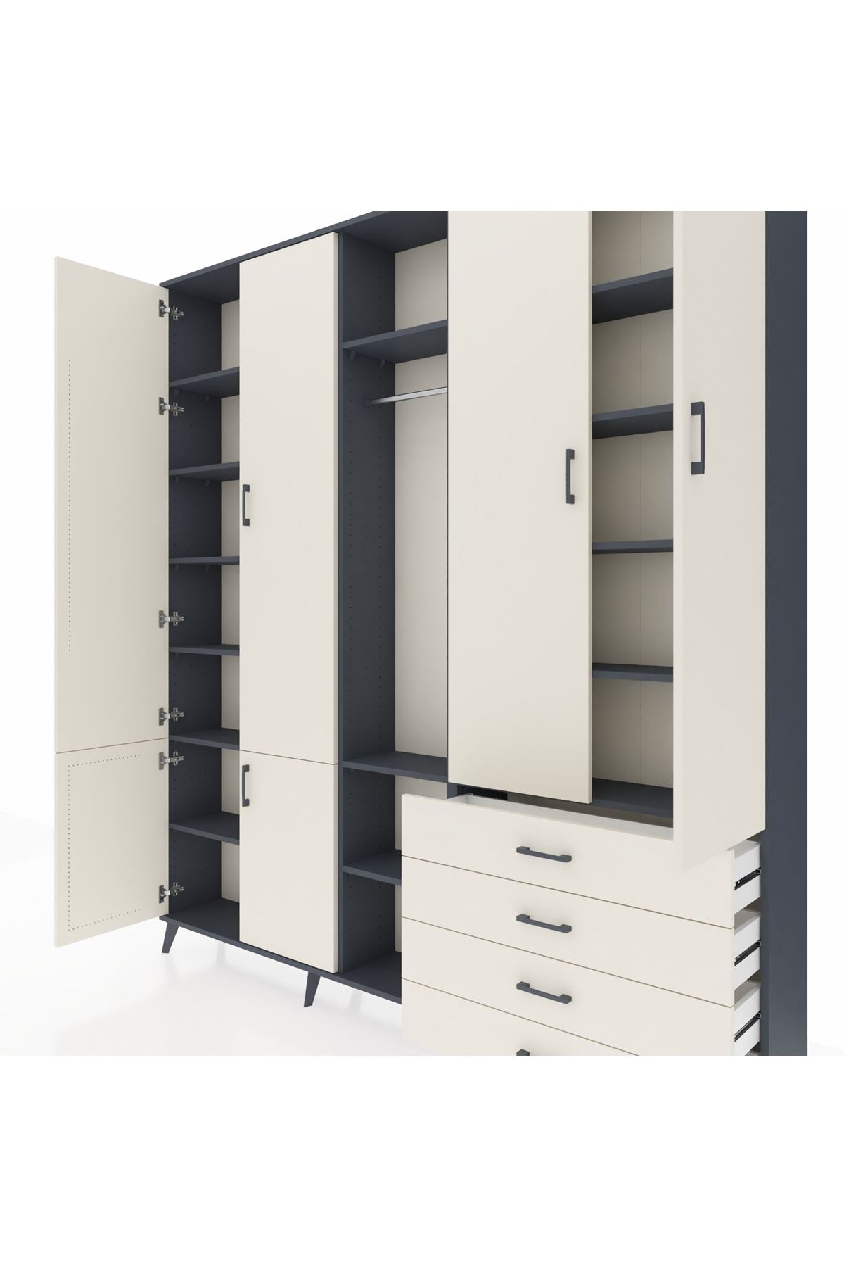 Arges Gardrop 14 Raflı 4 Çekmeceli Tek Askılı 220x30x243 Antrasit-Aytaşı