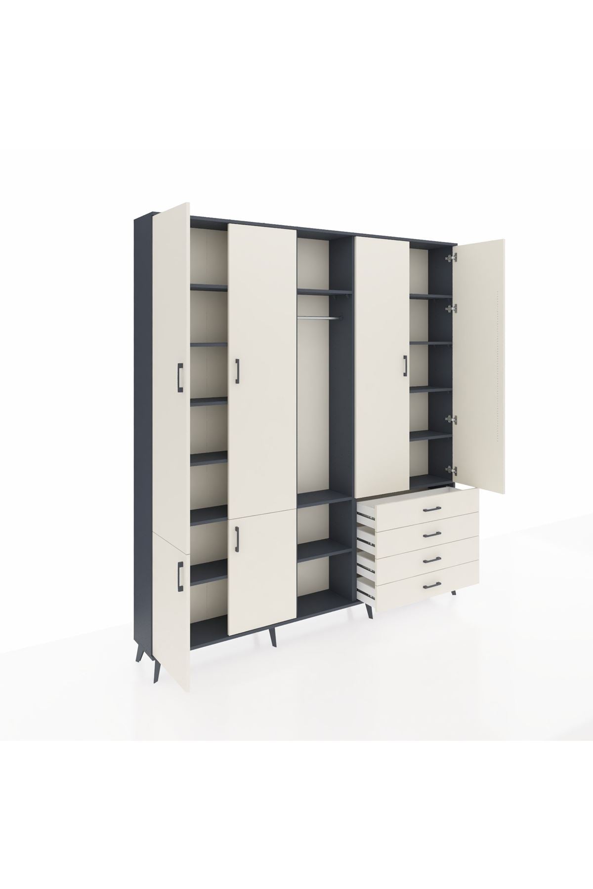 Arges Gardrop 14 Raflı 4 Çekmeceli Tek Askılı 220x30x243 Antrasit-Aytaşı