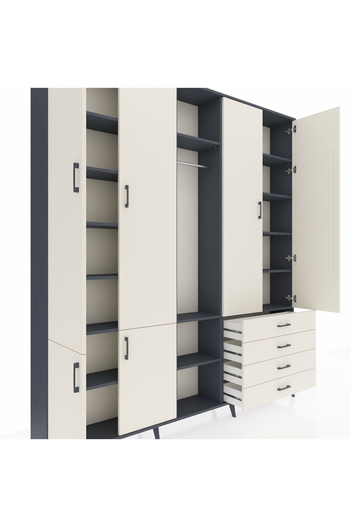 Arges Gardrop 14 Raflı 4 Çekmeceli Tek Askılı 220x30x243 Antrasit-Aytaşı