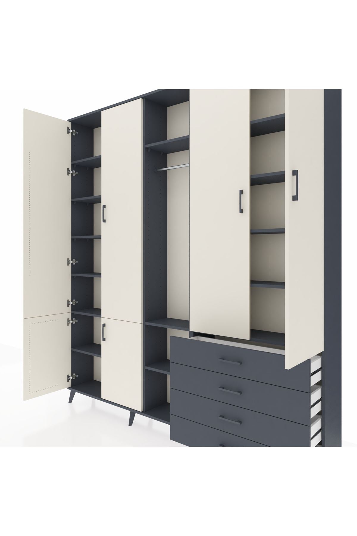 Arges Dolap 14 Raflı 4 Çekmeceli Tek Askılı 220x30x243 Antrasit-Aytaşı/Antrasit