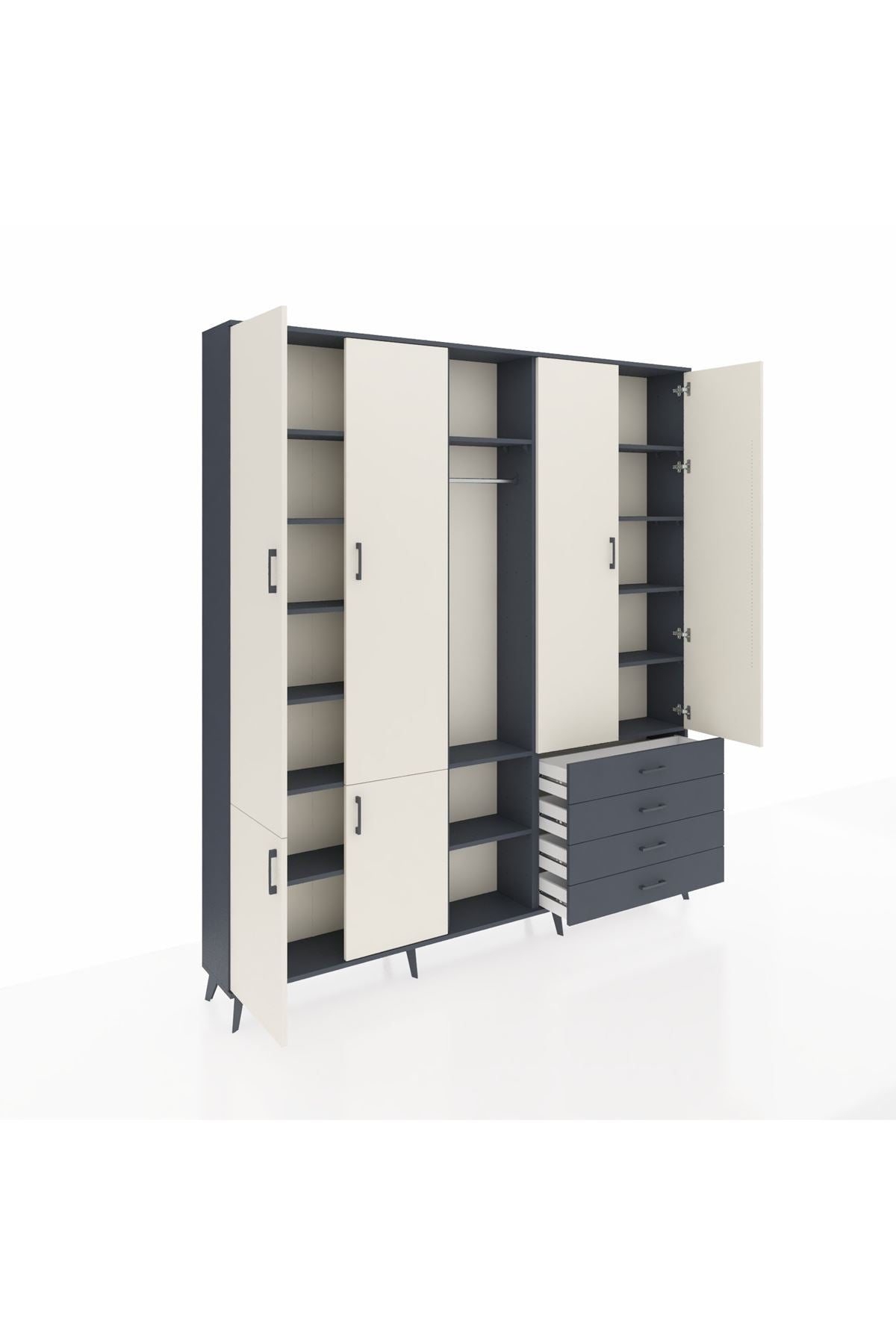 Arges Dolap 14 Raflı 4 Çekmeceli Tek Askılı 220x30x243 Antrasit-Aytaşı/Antrasit