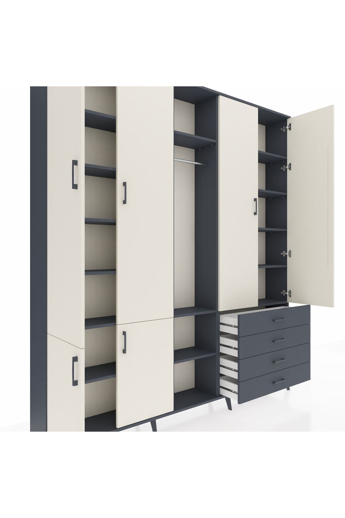 Arges Dolap 14 Raflı 4 Çekmeceli Tek Askılı 220x30x243 Antrasit-Aytaşı/Antrasit