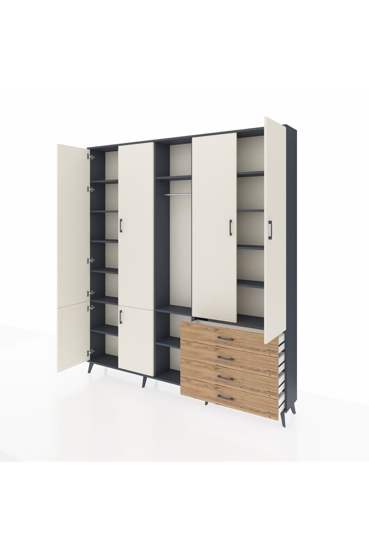 Arges Dolap 14 Raflı 4 Çekmeceli Tek Askılı 220x30x243 Antrasit-Aytaşı/Çam