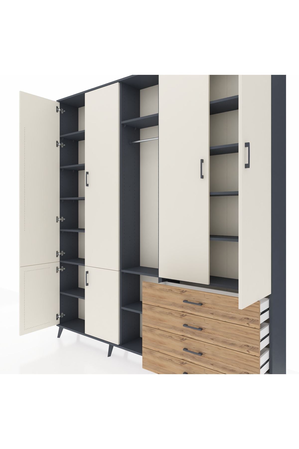 Arges Dolap 14 Raflı 4 Çekmeceli Tek Askılı 220x30x243 Antrasit-Aytaşı/Çam