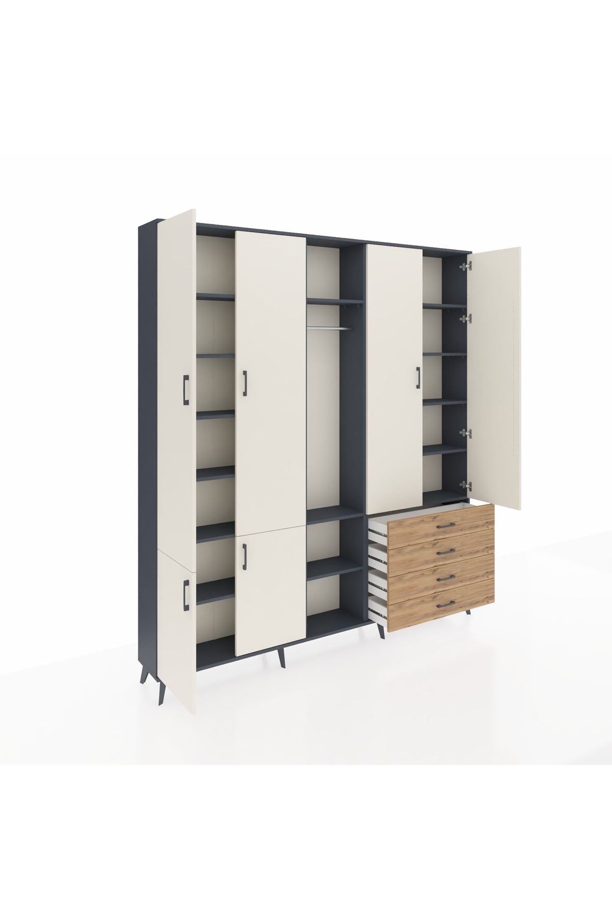 Arges Dolap 14 Raflı 4 Çekmeceli Tek Askılı 220x30x243 Antrasit-Aytaşı/Çam