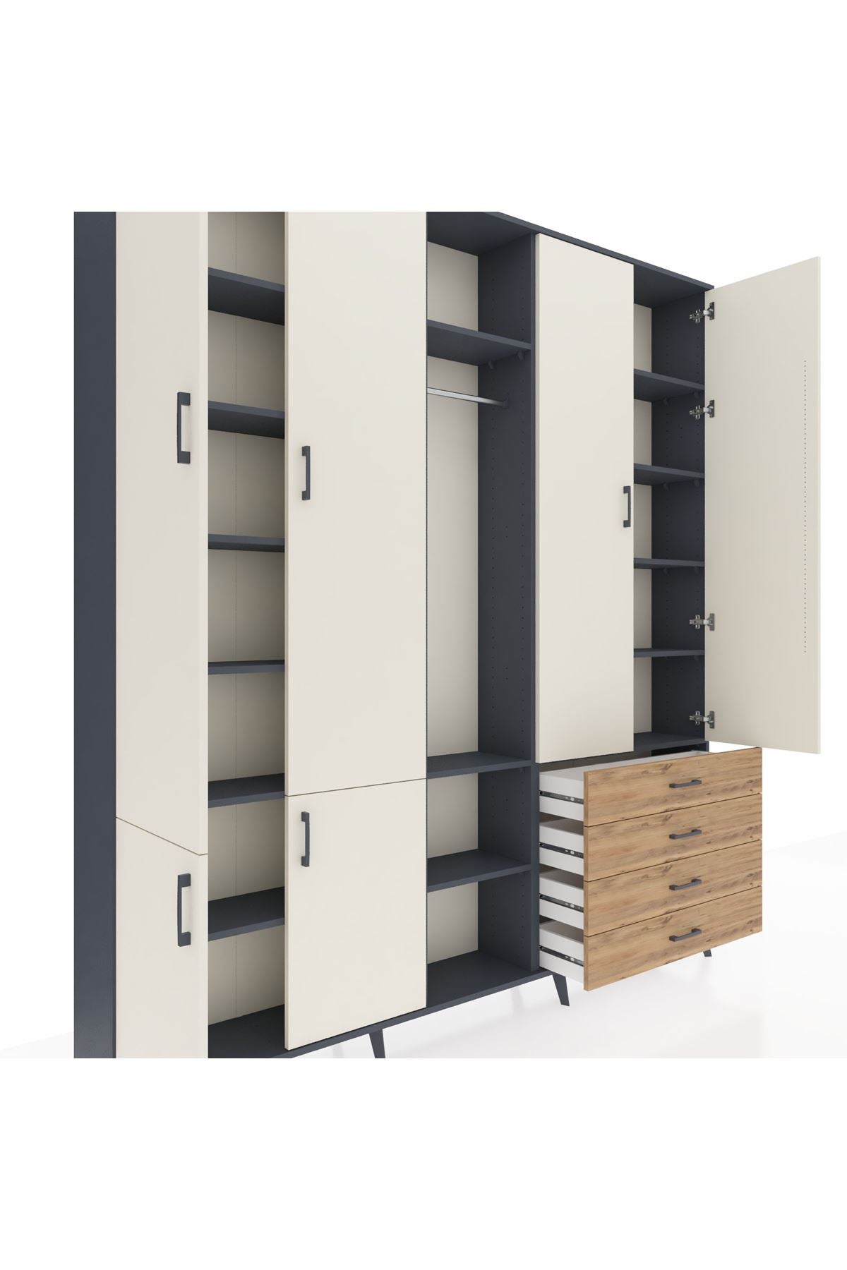 Arges Dolap 14 Raflı 4 Çekmeceli Tek Askılı 220x30x243 Antrasit-Aytaşı/Çam