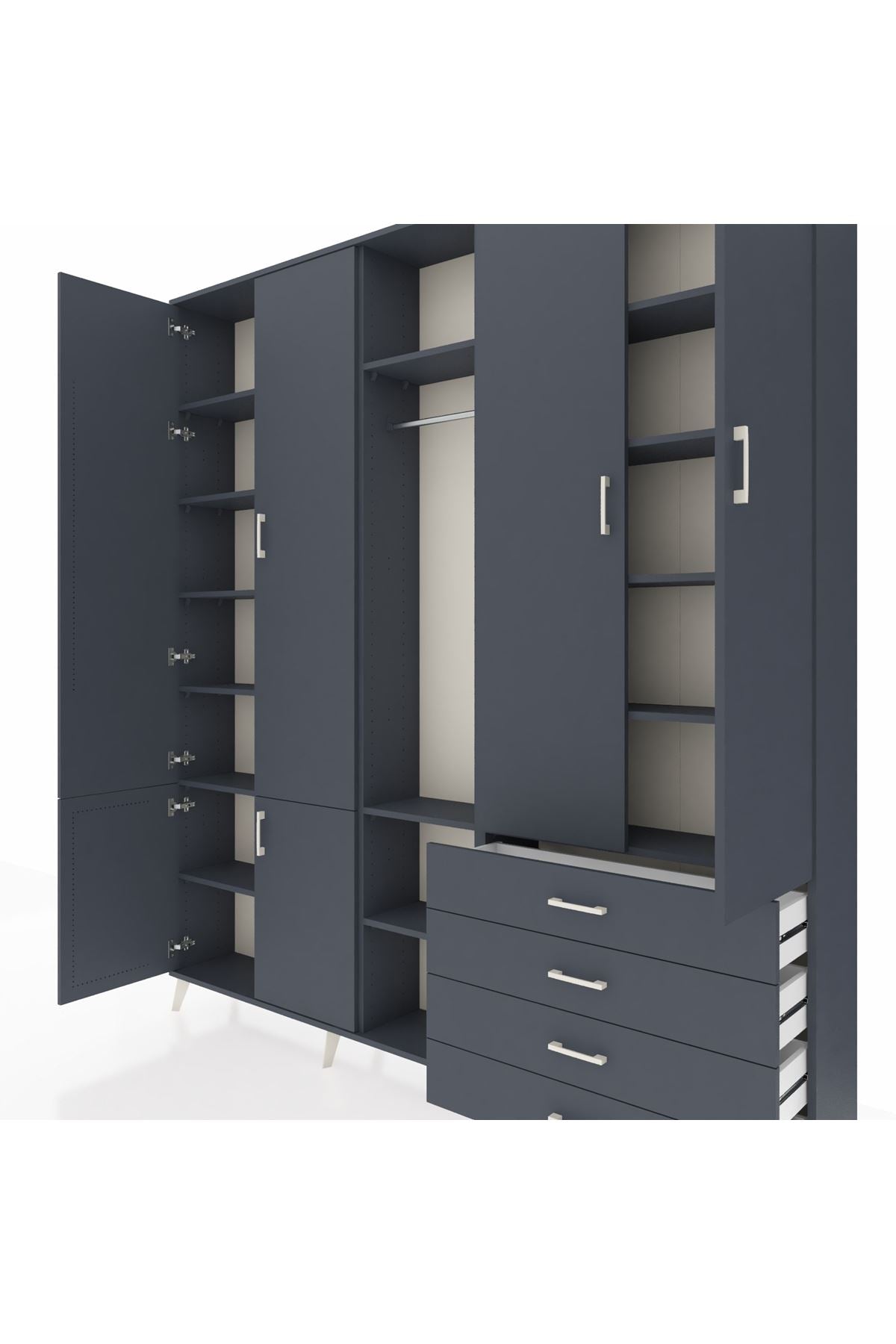 Arges Gardrop 14 Raflı 4 Çekmeceli Tek Askılı 220x30x243 Antrasit-Antrasit