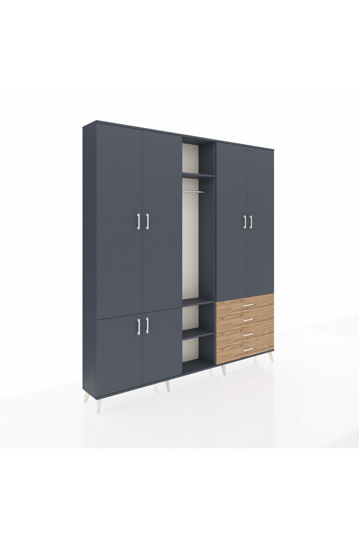 Arges Dolap 14 Raflı 4 Çekmeceli Tek Askılı 220x30x243 Antrasit-Antrasit/Çam