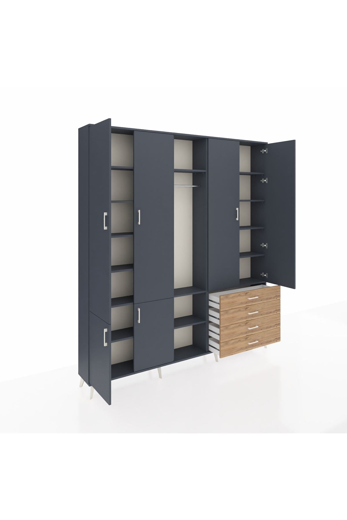 Arges Dolap 14 Raflı 4 Çekmeceli Tek Askılı 220x30x243 Antrasit-Antrasit/Çam