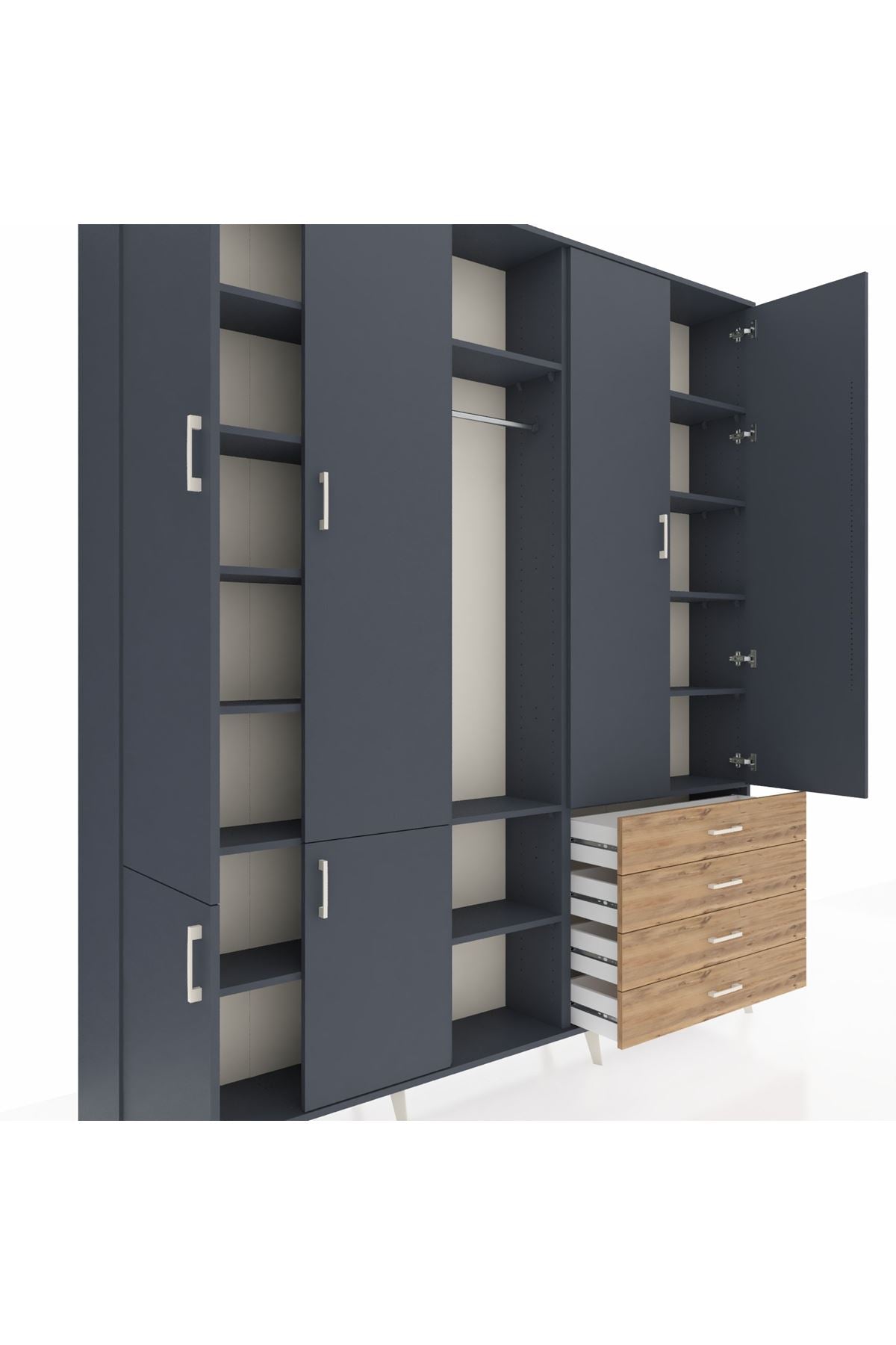 Arges Dolap 14 Raflı 4 Çekmeceli Tek Askılı 220x30x243 Antrasit-Antrasit/Çam